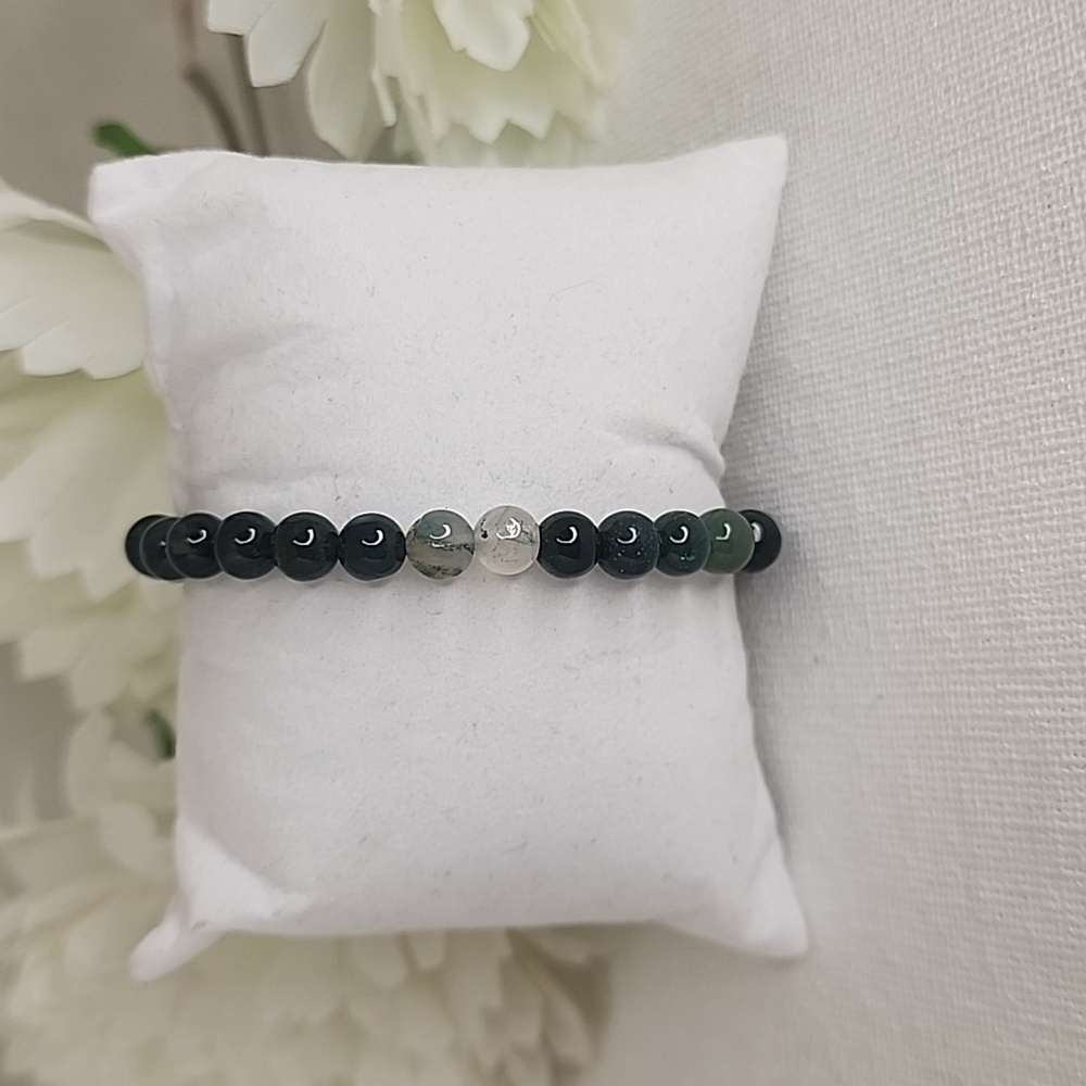 (6)Handmade Green Moss Agate Beaded Bracelet
